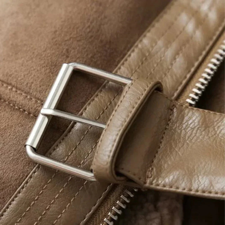 Kira | Shearling-Lined Faux-Suede Moto Jacket with Belt