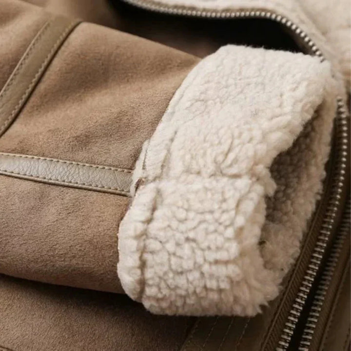 Kira | Shearling-Lined Faux-Suede Moto Jacket with Belt