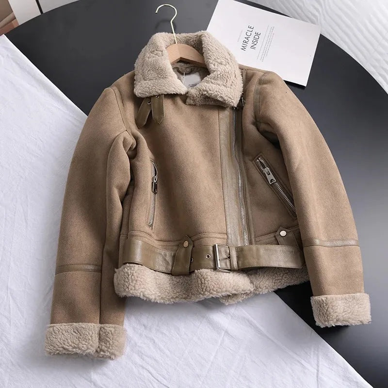 Kira | Shearling-Lined Faux-Suede Moto Jacket with Belt