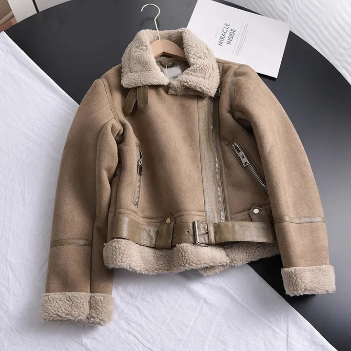 Kira | Shearling-Lined Faux-Suede Moto Jacket with Belt