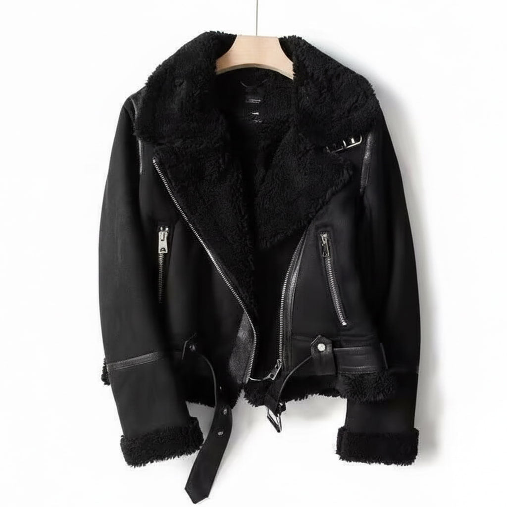 Kira | Shearling-Lined Faux-Suede Moto Jacket with Belt