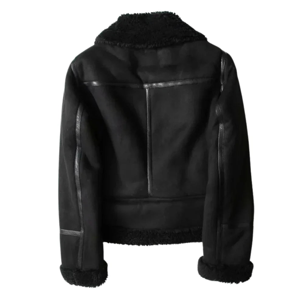 Kira | Shearling-Lined Faux-Suede Moto Jacket with Belt