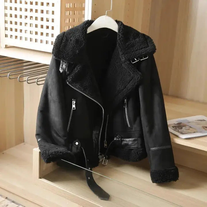 Kira | Shearling-Lined Faux-Suede Moto Jacket with Belt