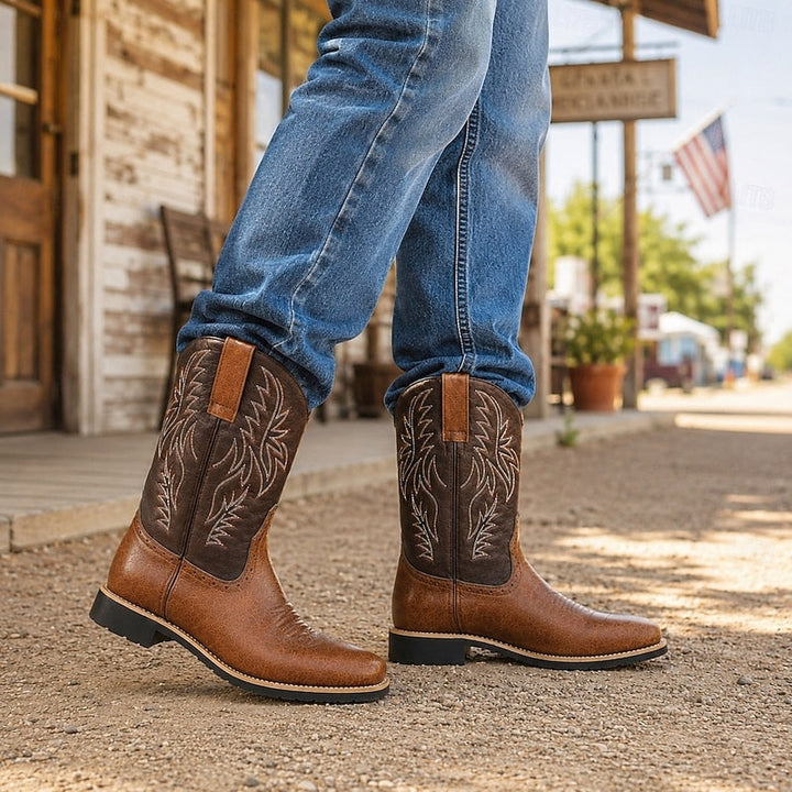Ivor | Embroidered Two-Tone Square-Toe Western Cowboy Boots