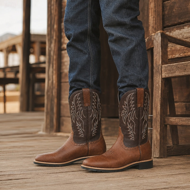 Ivor | Embroidered Two-Tone Square-Toe Western Cowboy Boots