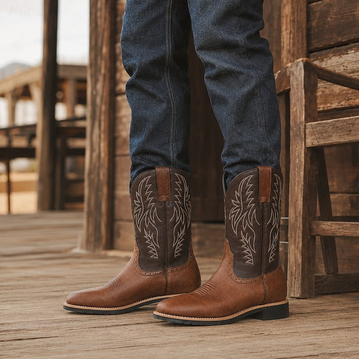 Ivor | Embroidered Two-Tone Square-Toe Western Cowboy Boots