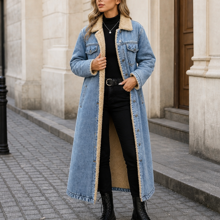 Fern | Sherpa-Lined Long Denim Winter Coat