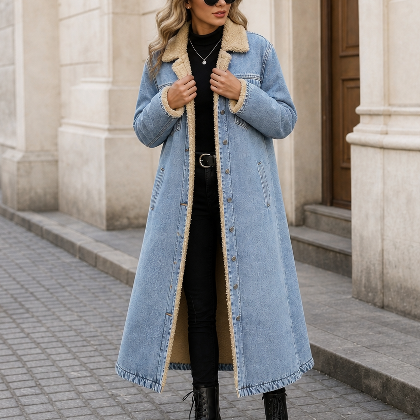 Fern | Sherpa-Lined Long Denim Winter Coat