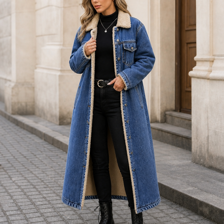 Fern | Sherpa-Lined Long Denim Winter Coat