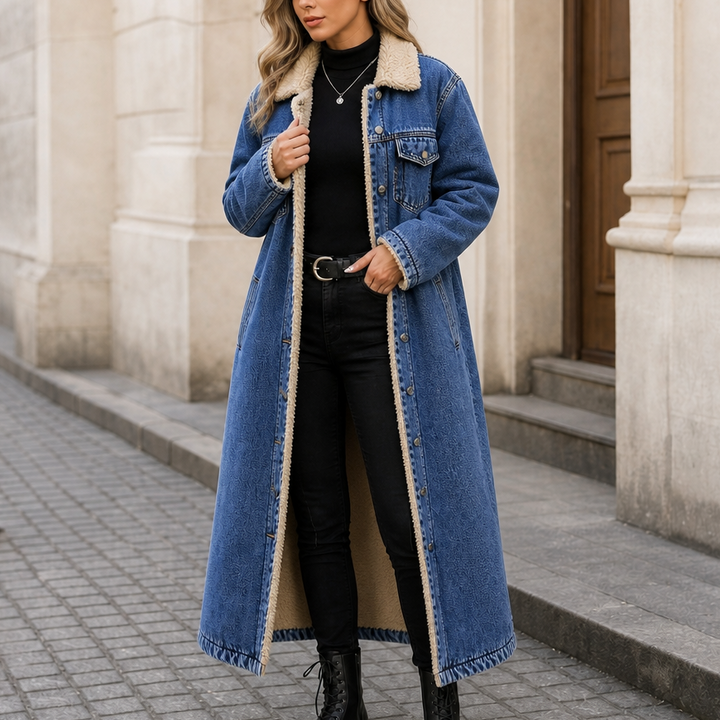 Fern | Sherpa-Lined Long Denim Winter Coat
