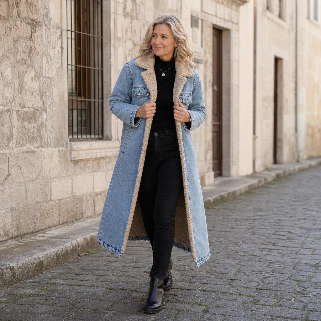 Fern | Sherpa-Lined Long Denim Winter Coat