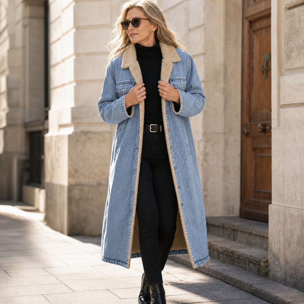 Fern | Sherpa-Lined Long Denim Winter Coat