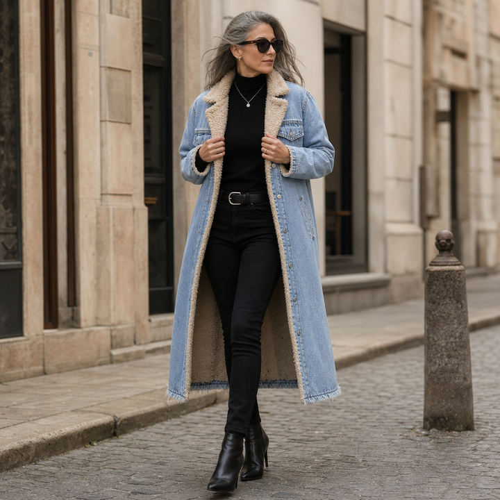 Fern | Sherpa-Lined Long Denim Winter Coat
