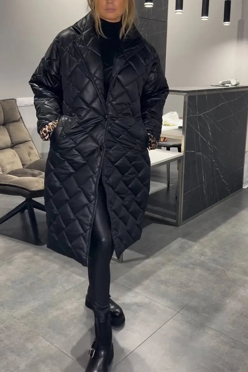 Lark | Long Diamond-Quilted Coat with Leopard Lining