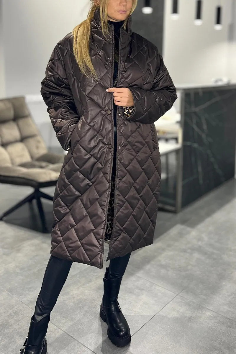 Lark | Long Diamond-Quilted Coat with Leopard Lining