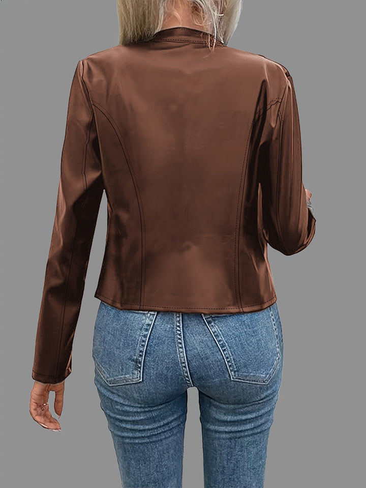 Mae | Khaki Cropped Faux-Leather Zip-Up Jacket