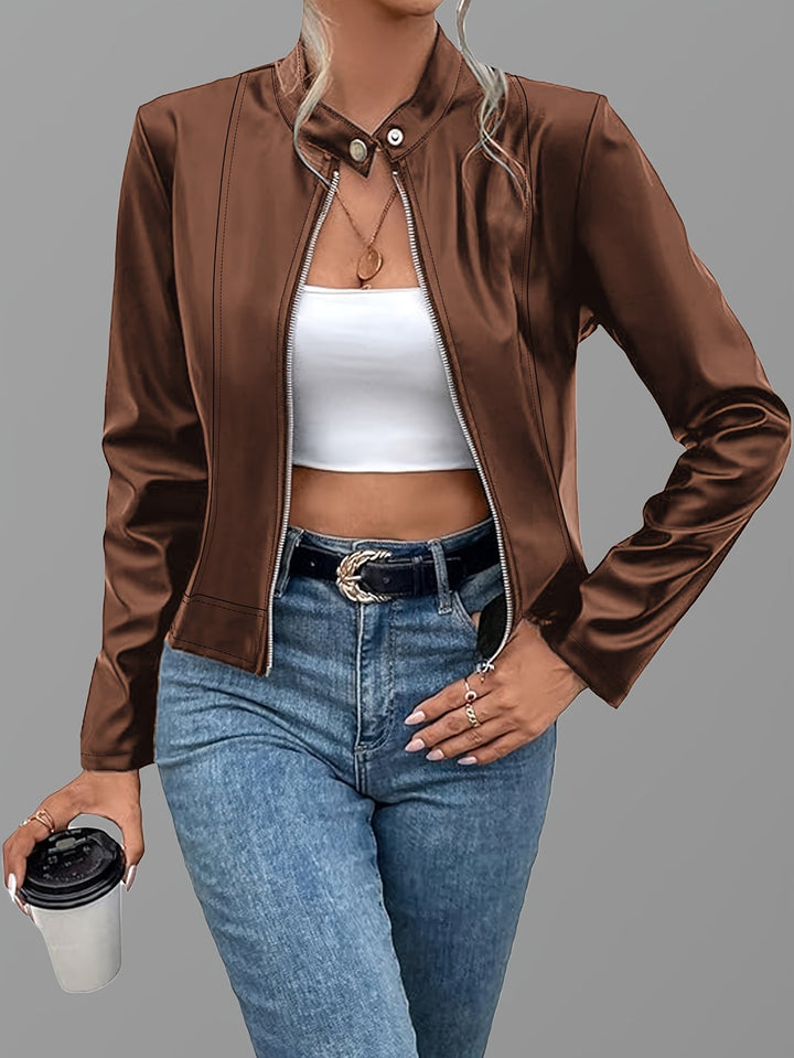 Mae | Khaki Cropped Faux-Leather Zip-Up Jacket