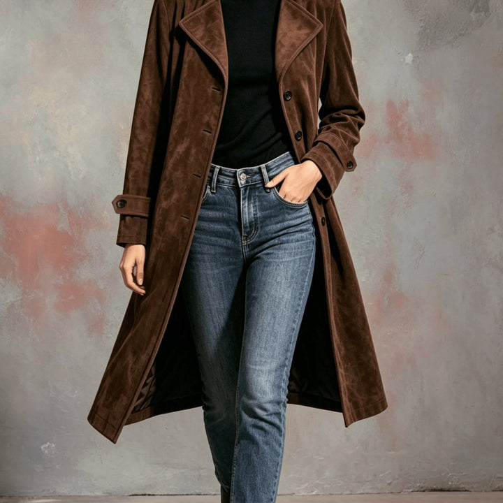 Fiona | Dark Brown Suede Longline Trench Coat with Wide Lapels