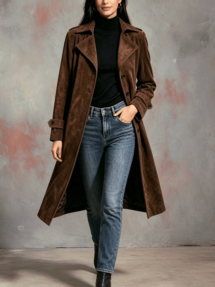 Fiona | Dark Brown Suede Longline Trench Coat with Wide Lapels