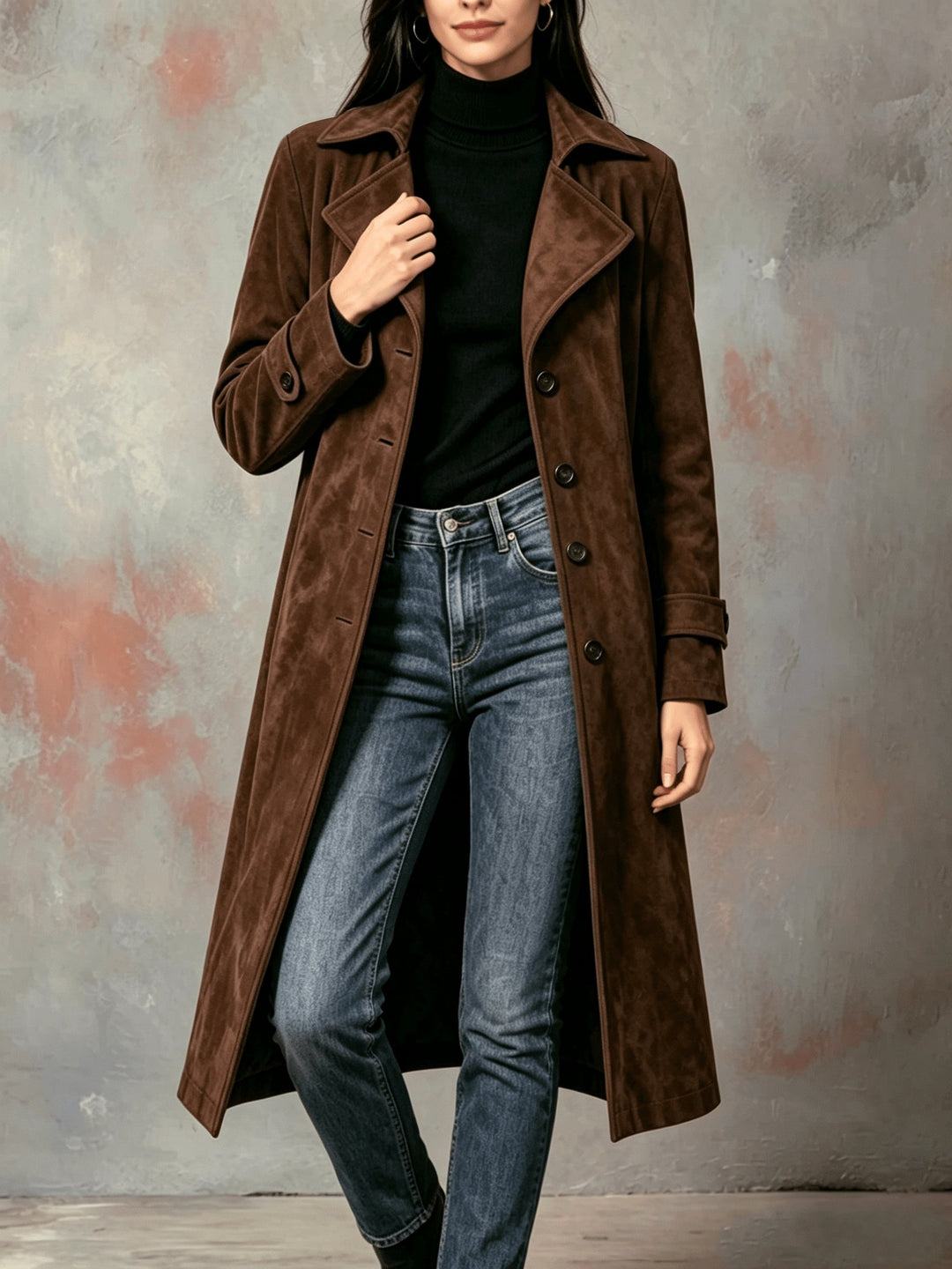 Fiona | Dark Brown Suede Longline Trench Coat with Wide Lapels