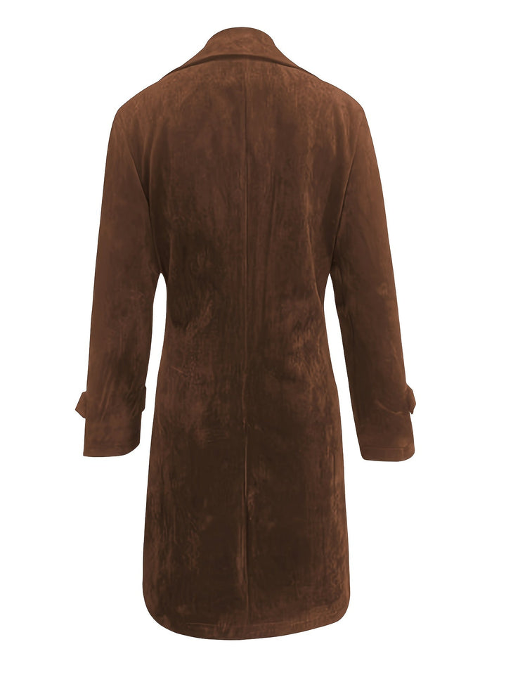Fiona | Dark Brown Suede Longline Trench Coat with Wide Lapels