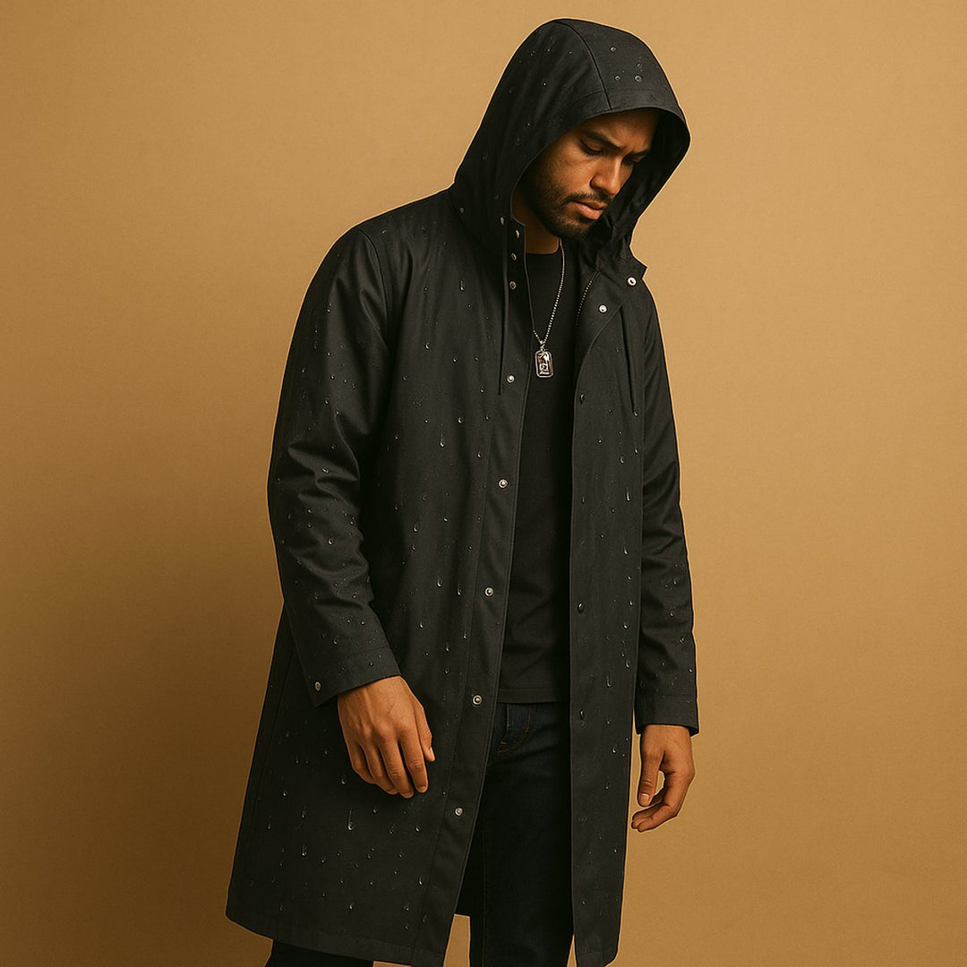 Anton | Black Waterproof Hooded Long Rain Jacket with Snap Front