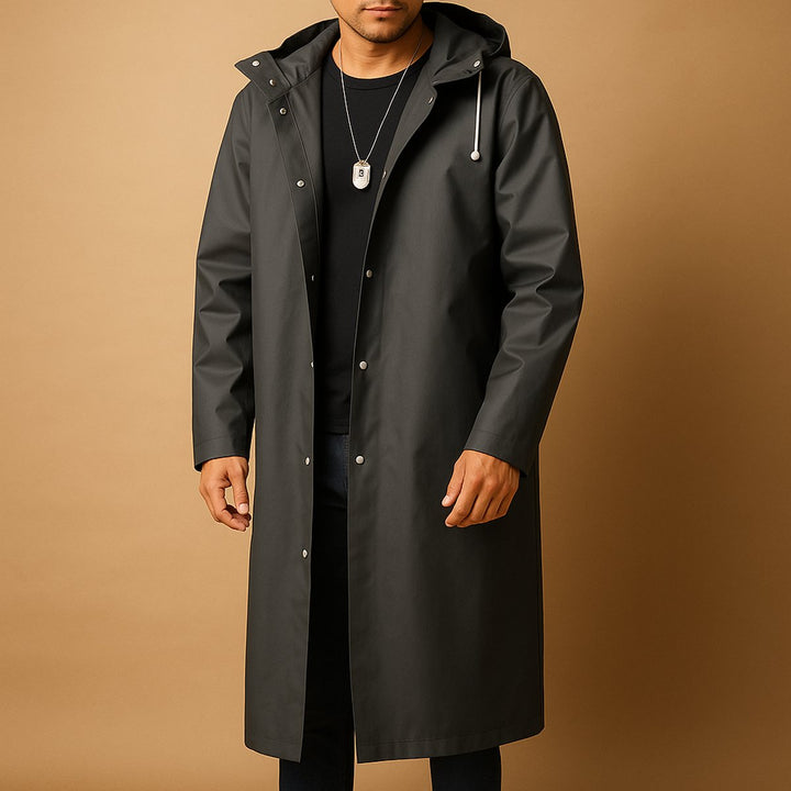 Anton | Black Waterproof Hooded Long Rain Jacket with Snap Front