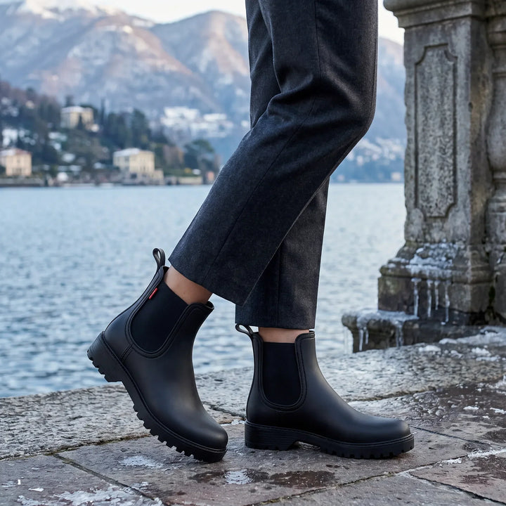 Presley | Black Waterproof Chelsea Rain Boots with Lug Sole