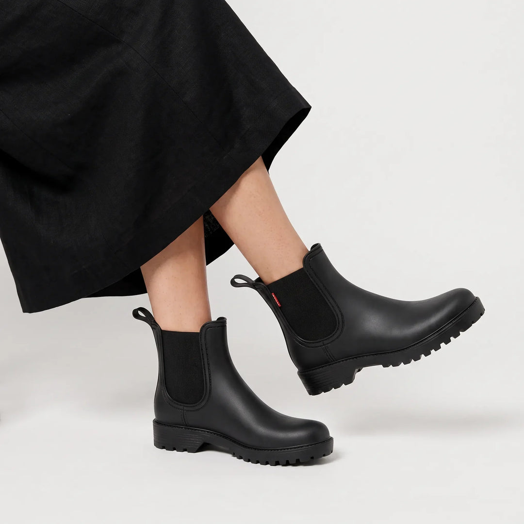 Presley | Black Waterproof Chelsea Rain Boots with Lug Sole