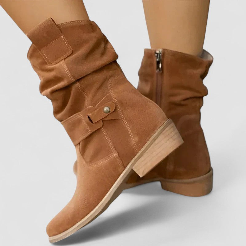 Cora | Faux-Suede Mid-Calf Slouch Boots with Ankle Strap