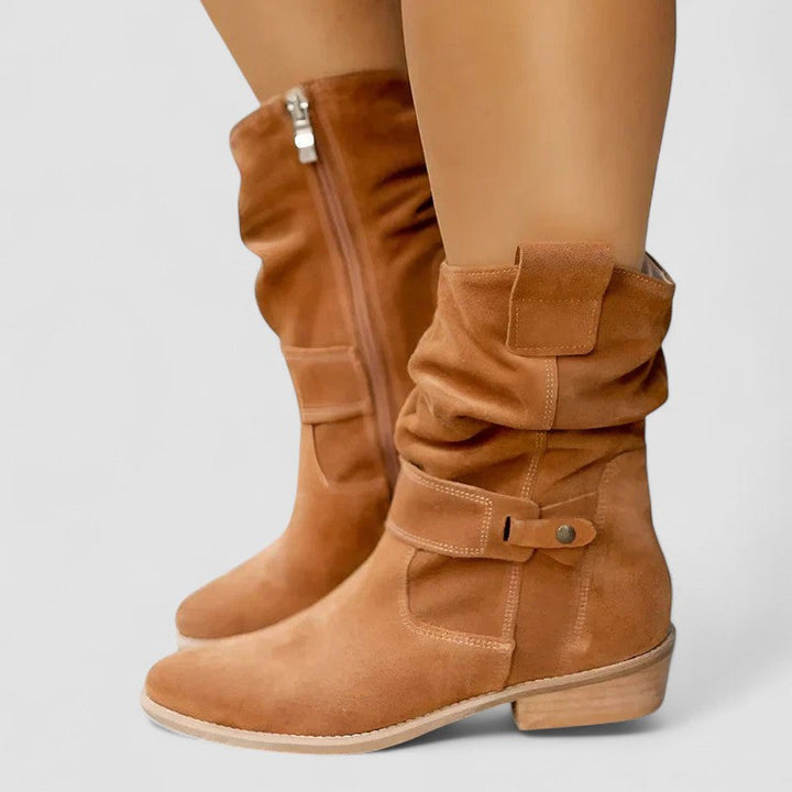 Cora | Faux-Suede Mid-Calf Slouch Boots with Ankle Strap