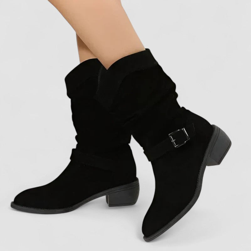 Cora | Faux-Suede Mid-Calf Slouch Boots with Ankle Strap