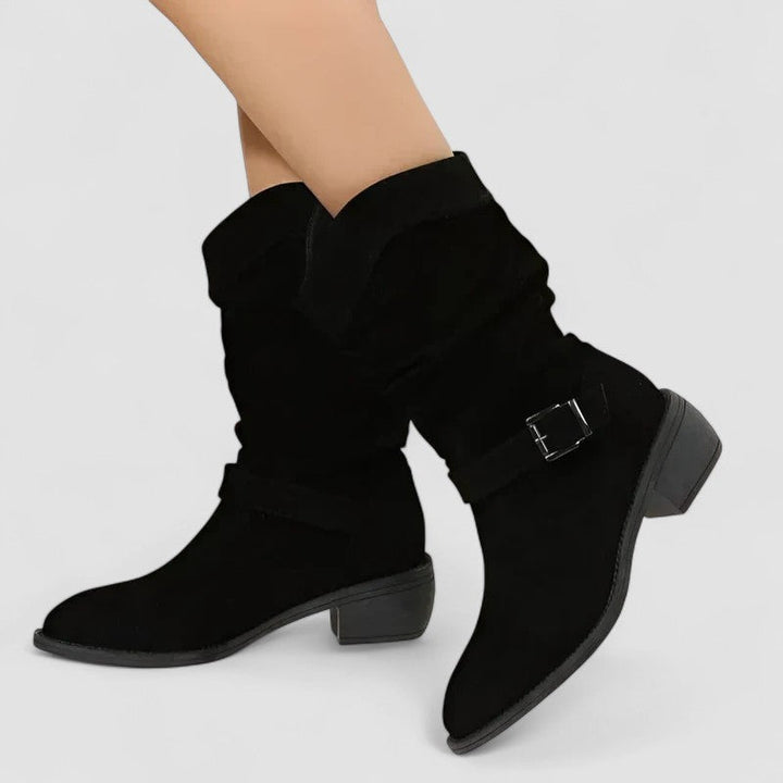 Cora | Faux-Suede Mid-Calf Slouch Boots with Ankle Strap