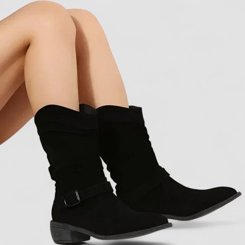 Cora | Faux-Suede Mid-Calf Slouch Boots with Ankle Strap