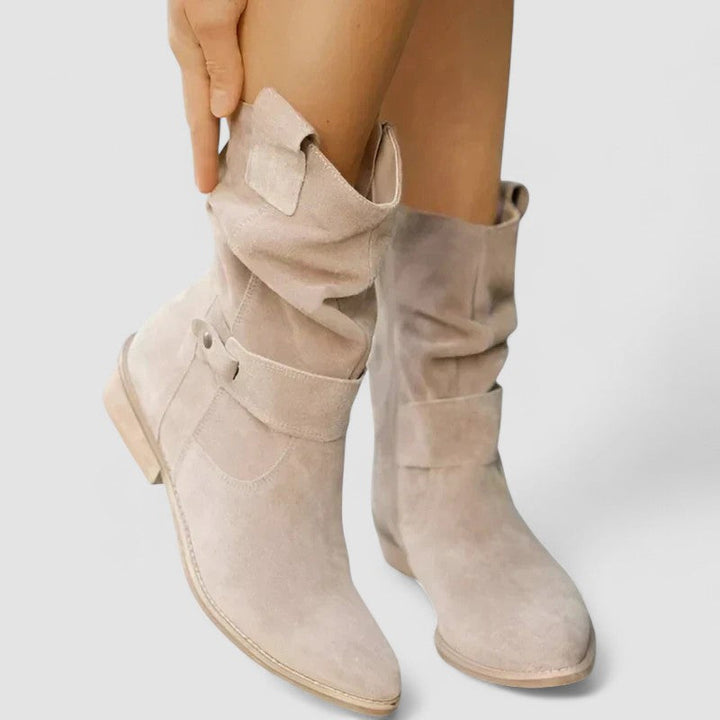 Cora | Faux-Suede Mid-Calf Slouch Boots with Ankle Strap