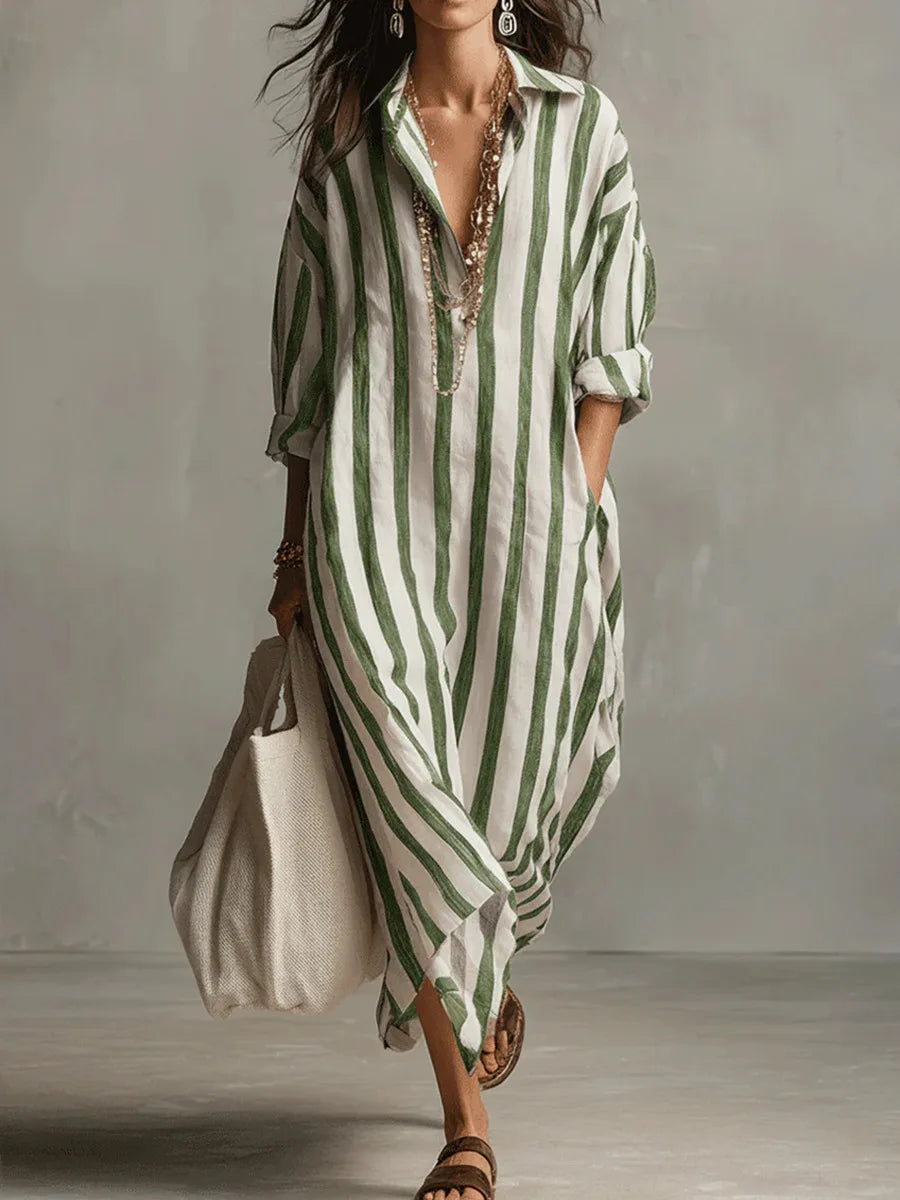 Coral | Striped Oversized Maxi Shirt Dress with Side Slits