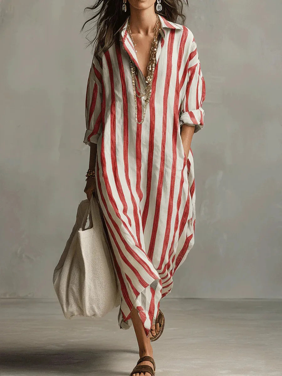 Coral | Striped Oversized Maxi Shirt Dress with Side Slits