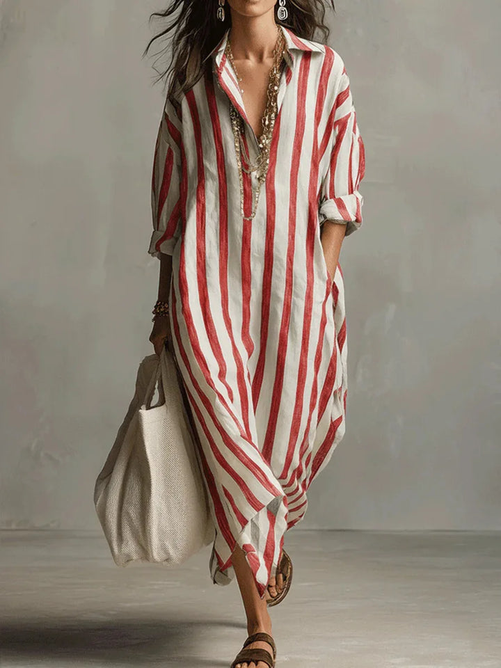 Coral | Striped Oversized Maxi Shirt Dress with Side Slits