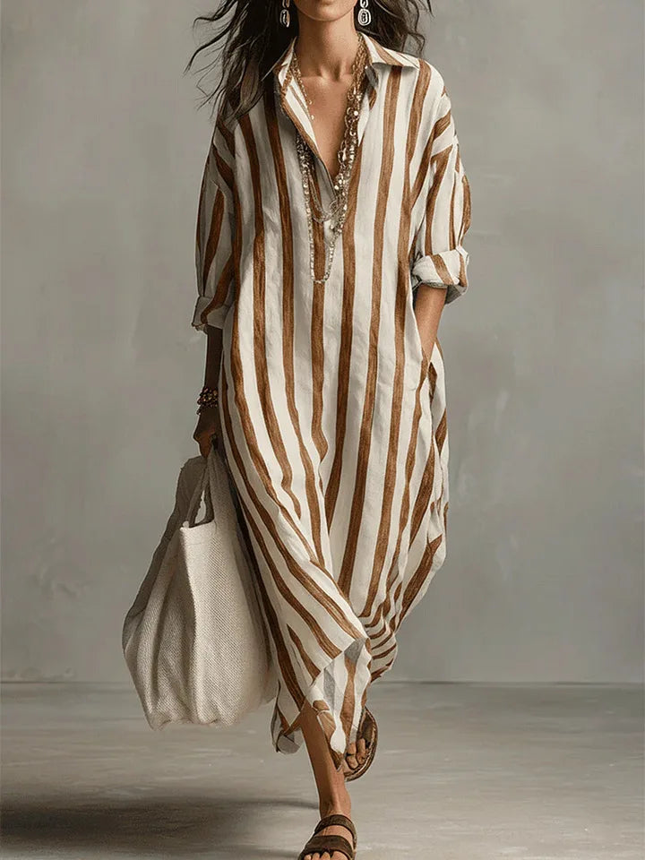 Coral | Striped Oversized Maxi Shirt Dress with Side Slits