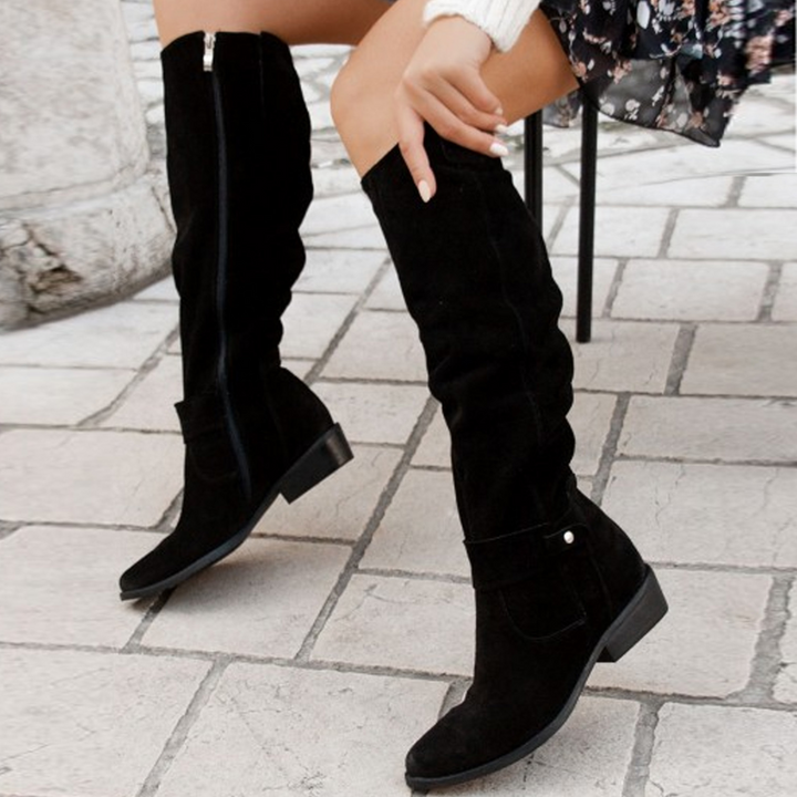 Harper | Knee-High Slouch Boots with Buckle Strap and Block Heel