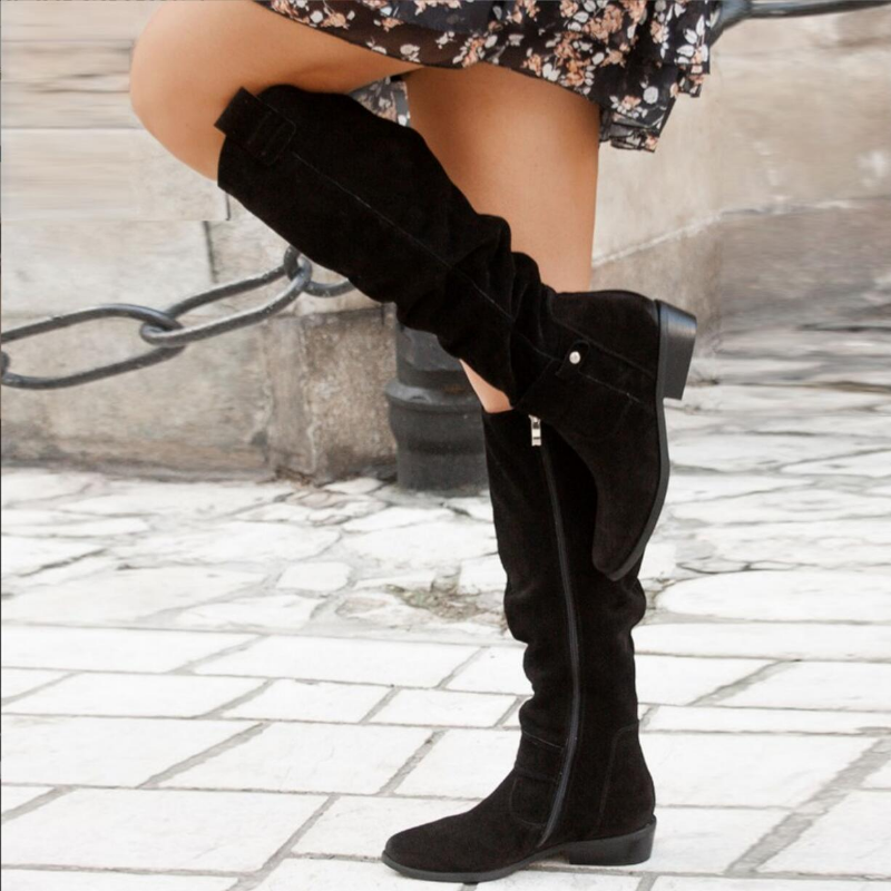 Harper | Knee-High Slouch Boots with Buckle Strap and Block Heel