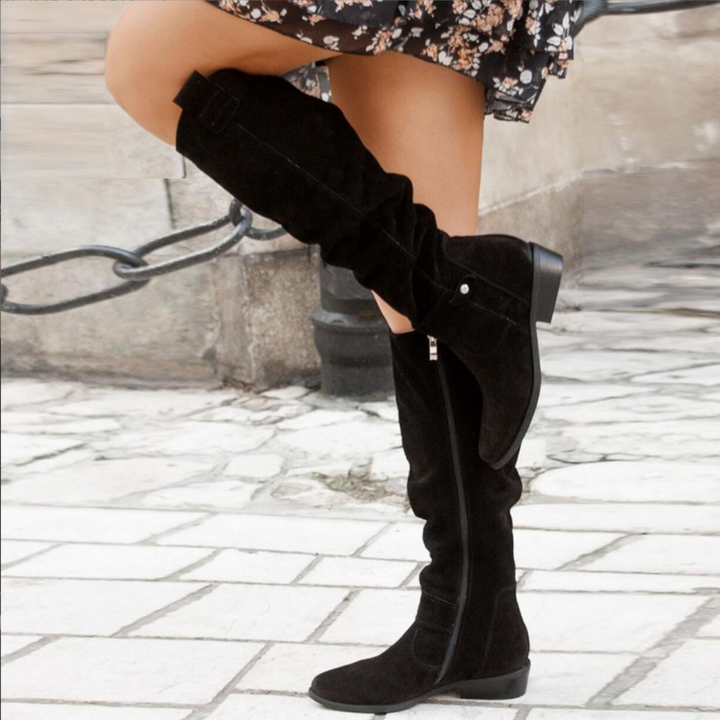 Harper | Knee-High Slouch Boots with Buckle Strap and Block Heel