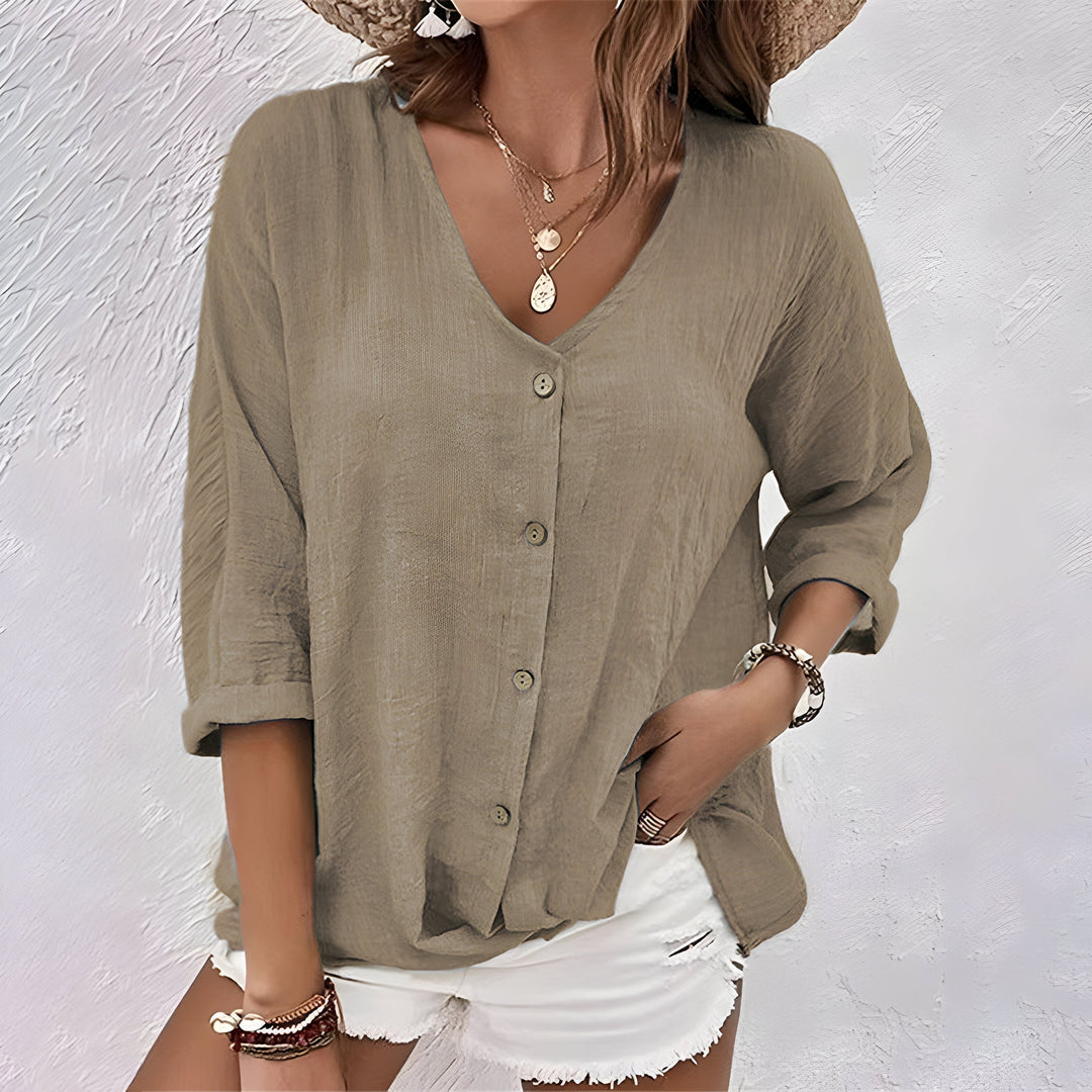 Belle | Relaxed V-Neck Button-Front Blouse with Roll Sleeves