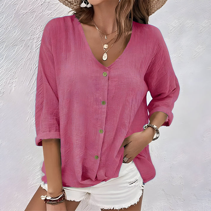 Belle | Relaxed V-Neck Button-Front Blouse with Roll Sleeves