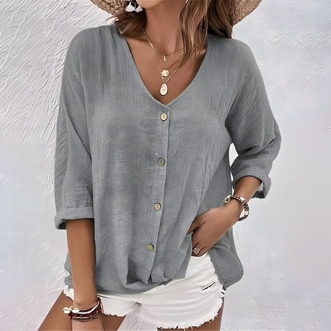 Belle | Relaxed V-Neck Button-Front Blouse with Roll Sleeves