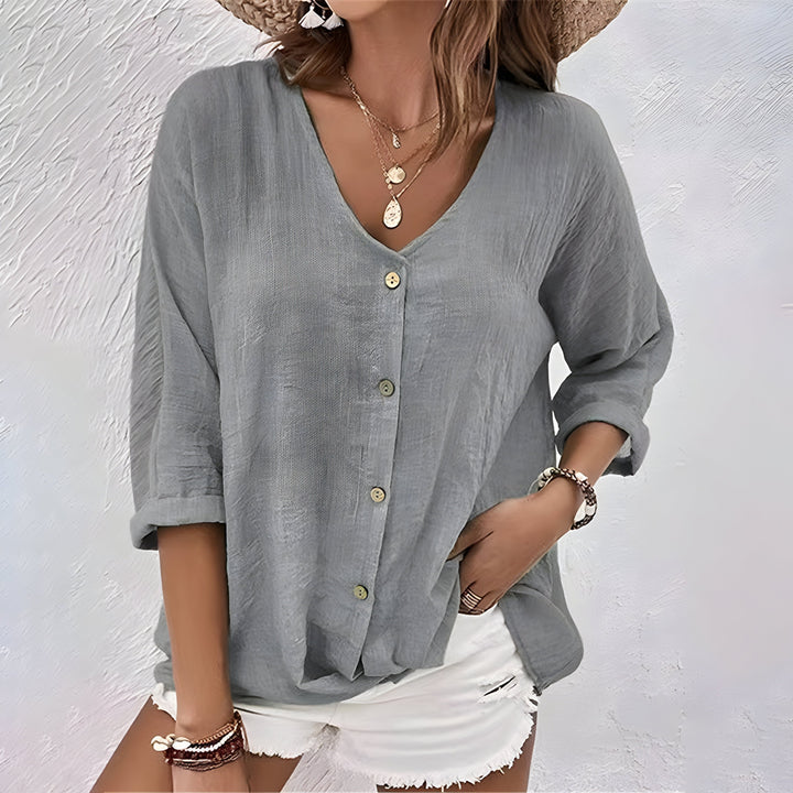 Belle | Relaxed V-Neck Button-Front Blouse with Roll Sleeves