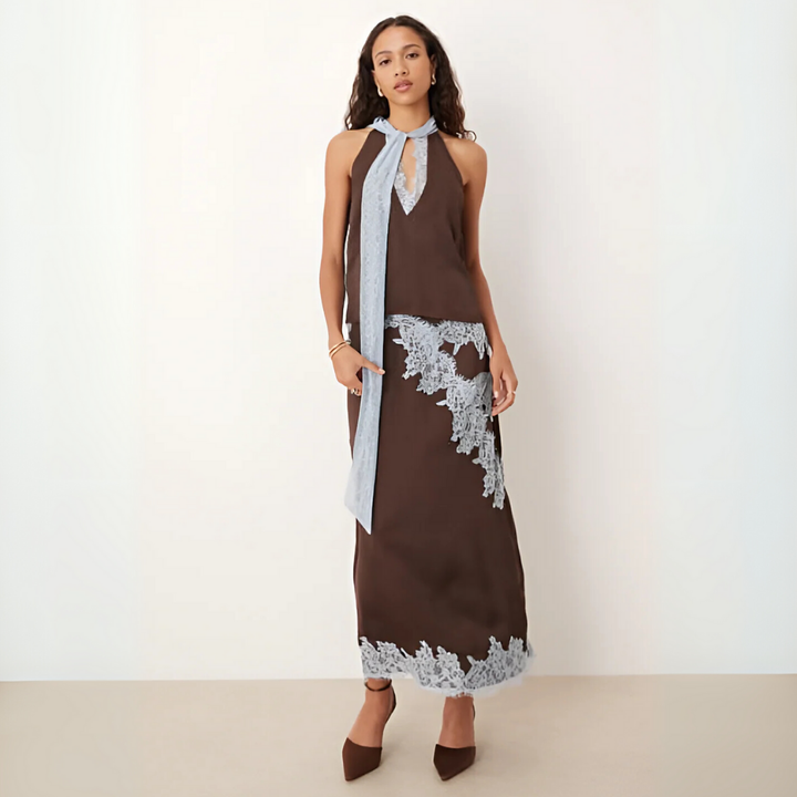 Lena | Brown Lace Panel Top and Skirt Set