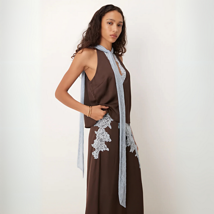 Lena | Brown Lace Panel Top and Skirt Set