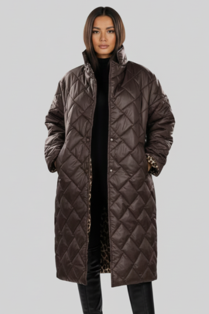 Arden | Reversible Diamond-Quilted Long Puffer Coat with Leopard Lining