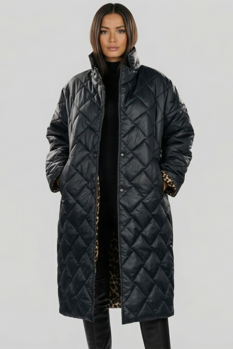 Arden | Reversible Diamond-Quilted Long Puffer Coat with Leopard Lining